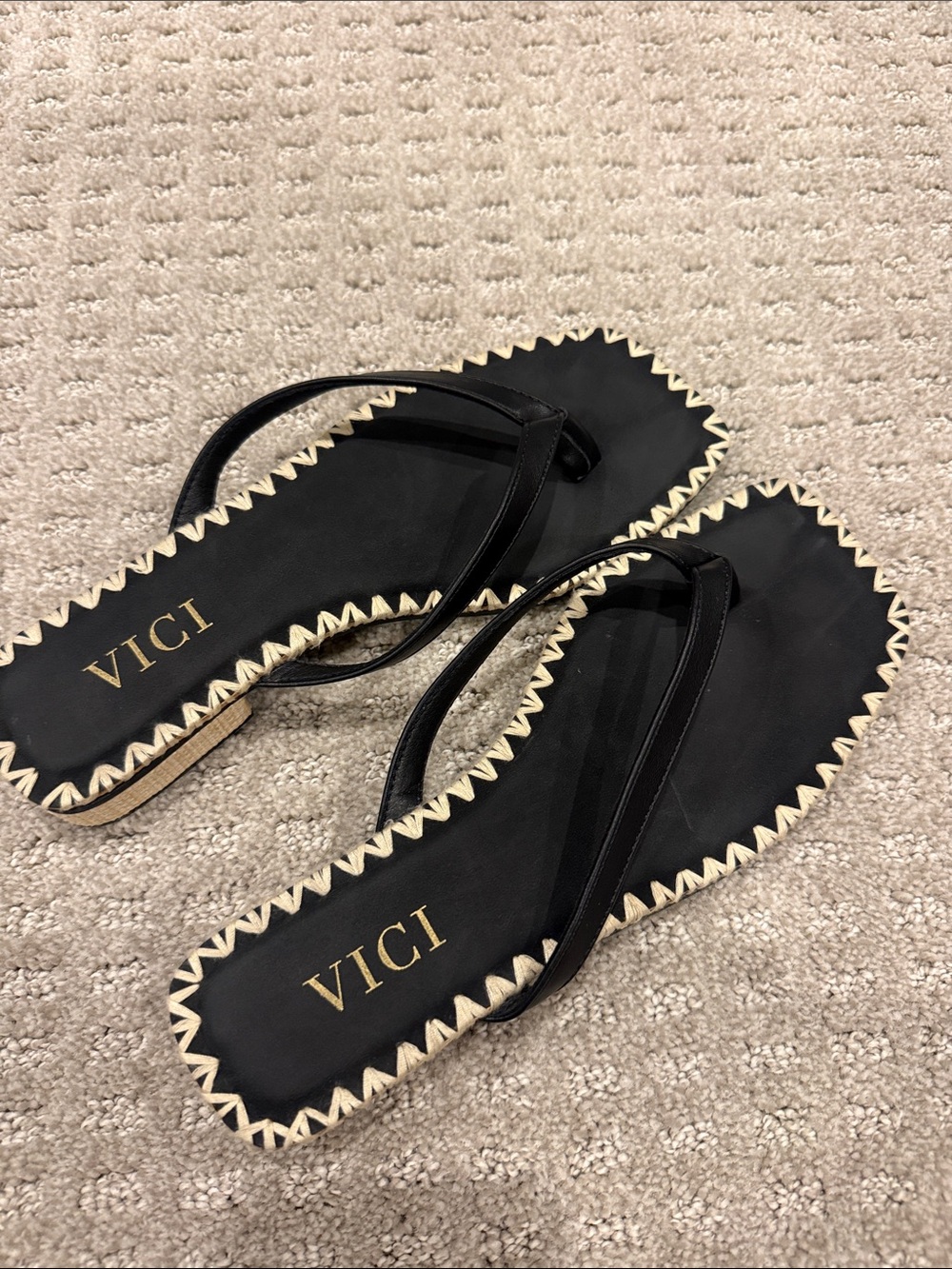 VICI Black Flip Flop Sandals with Cream Zigzag Trim
